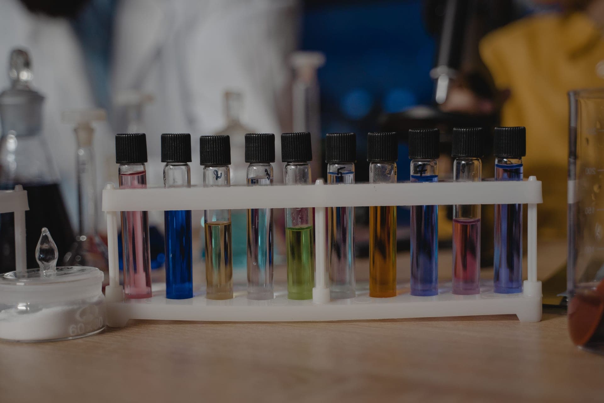Test tubes and laboratory glassware on a table