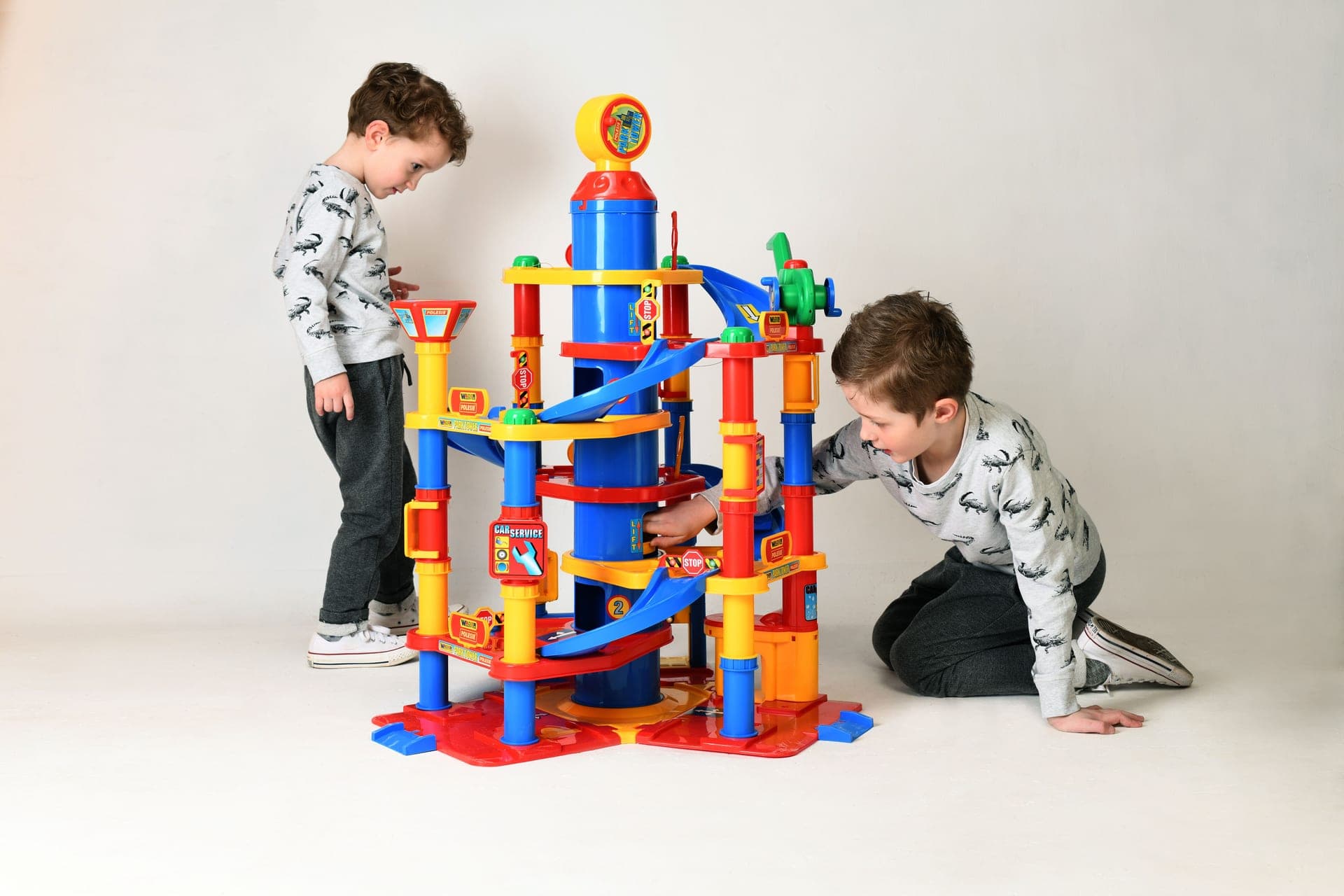 A marble run track assembled from modular pieces