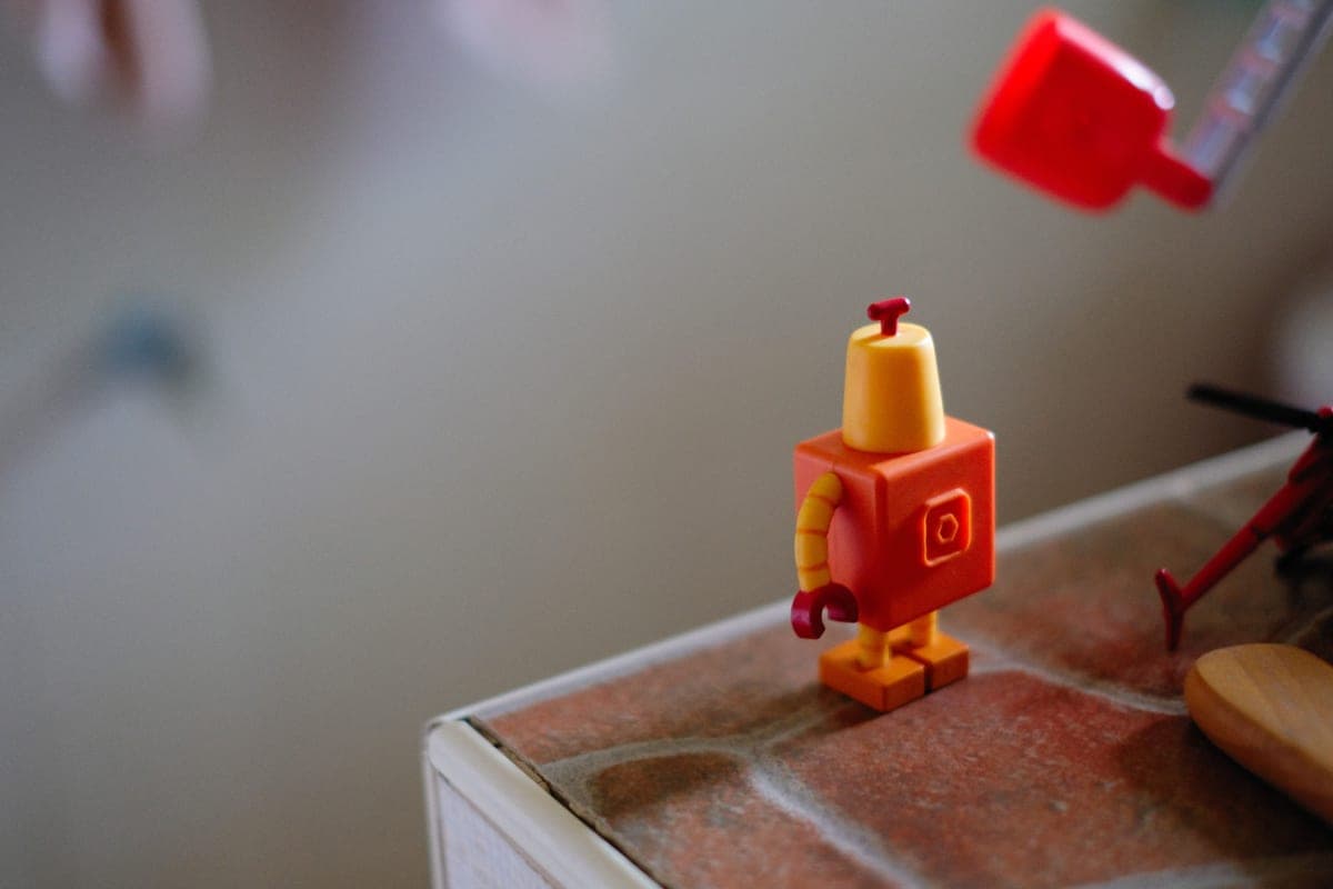 A robot built from plastic building bricks