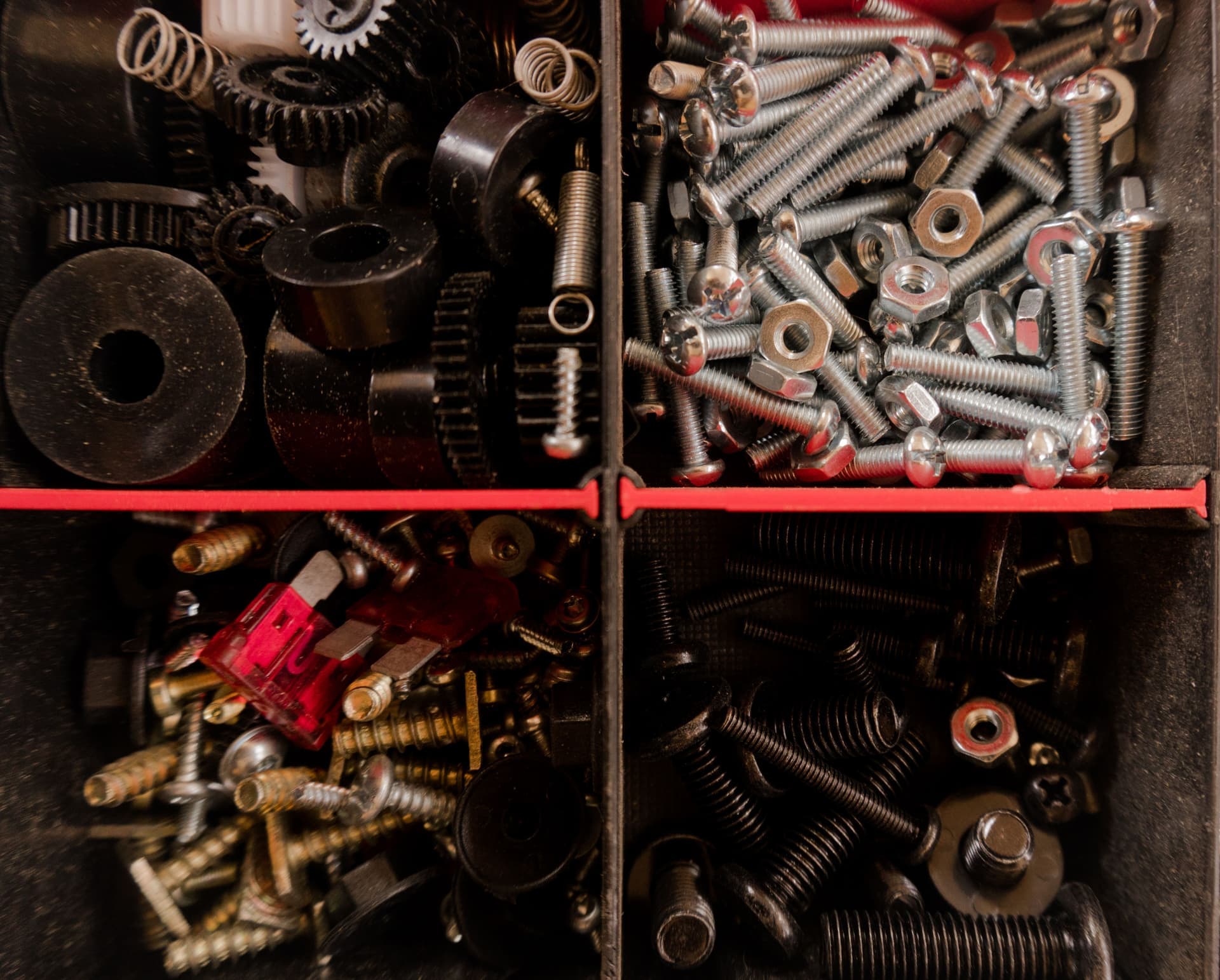 Small toy components sorted into compartments