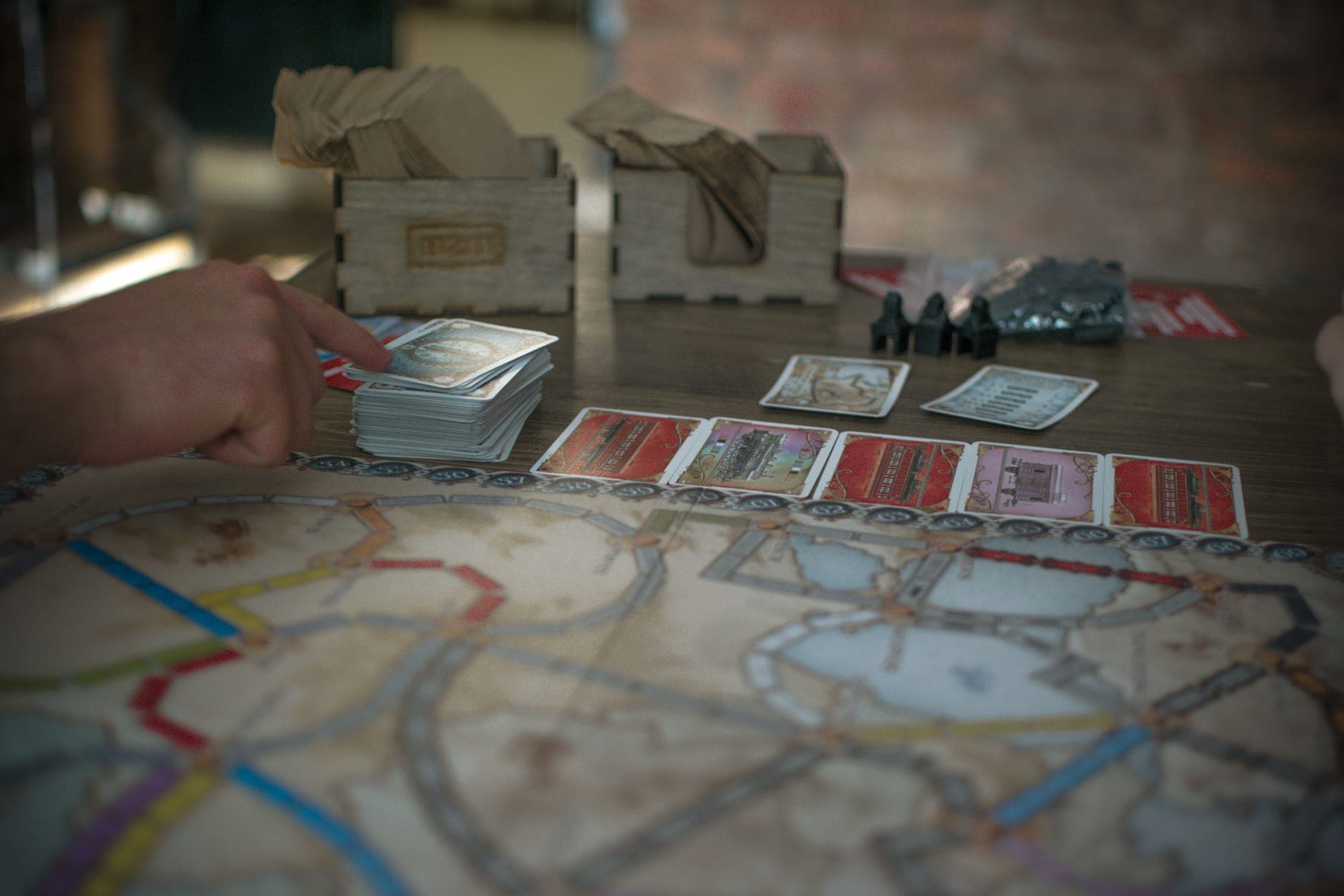 A board game map with playing tokens