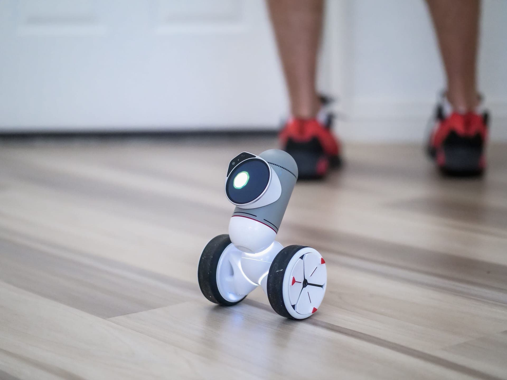 A small wheeled toy robot on a wooden floor